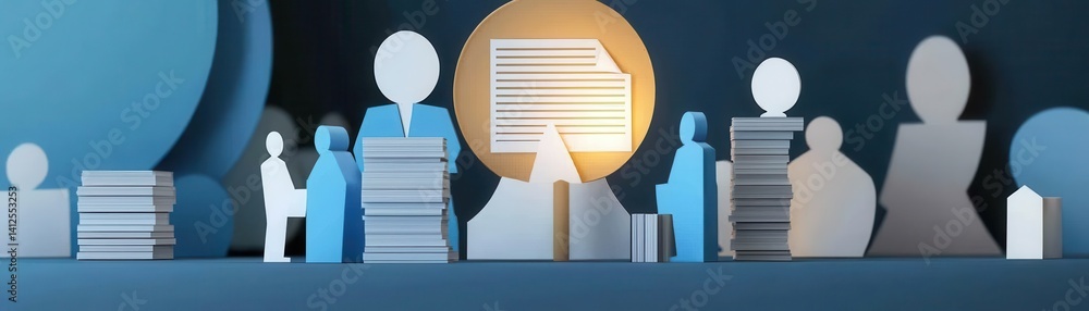 Poster a creative depiction of paper cutouts representing people and documents, symbolizing teamwork and or