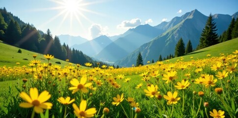 Fototapeta premium Sun-drenched wildflower field in mountain meadow, scenery, alpine, yellow