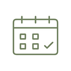 Calendar with check mark icon — hand-drawn green outline on white background, event planning and deadline concept
