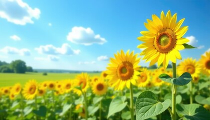 Obraz premium Sunflowers sway gently in the breeze under clear blue skies, field, atmosphere