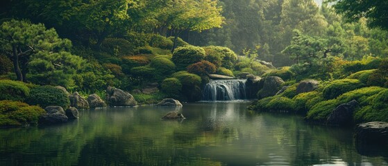 Obraz premium Serene Japanese Garden with Waterfall and Lush Greenery Reflecting in Water