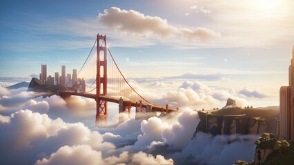 Golden Gate Bridge Above the Clouds with Cityscape and Cliffside View