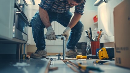 Plumber installing a water pipe under the floor in a kitchen. Featuring precision and attention to detail