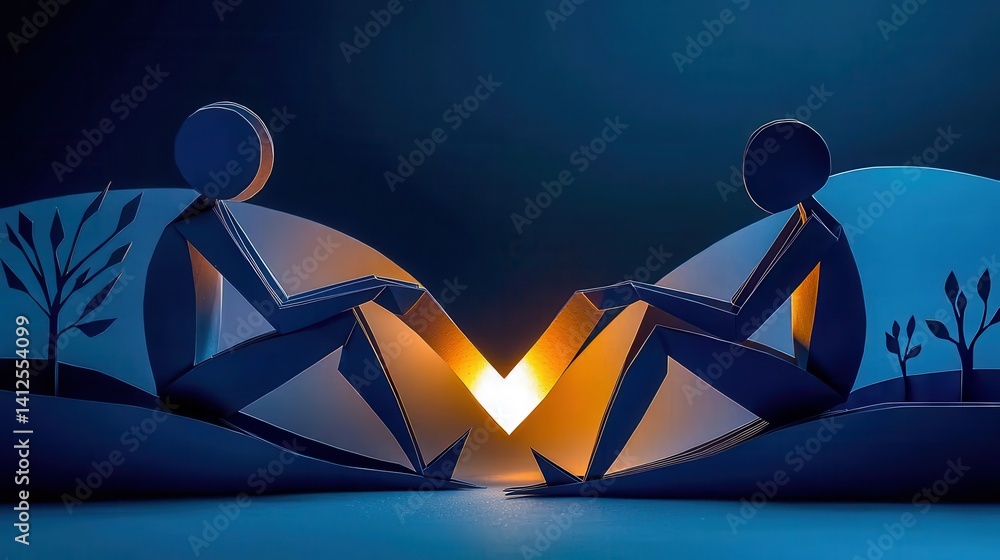 Poster two paper figures sit facing each other, surrounded by trees, with a glowing heart shape between the
