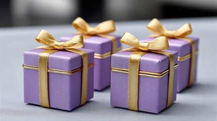 Purple Gift Boxes with Golden Ribbons on Soft Background