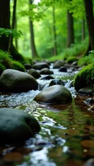 water flowing over a rounded stone in a small forest stream, gentle stream, nature scenery