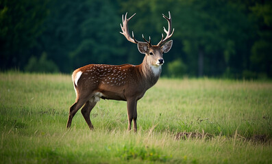 Brown wild deer mammal with antlers in green grass nature