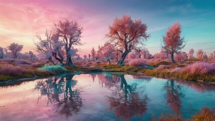 Unusual, bright, and colorful spring landscape with abstract elements and a fairytale atmosphere. Perfect as a background, backdrop, or decorative texture.