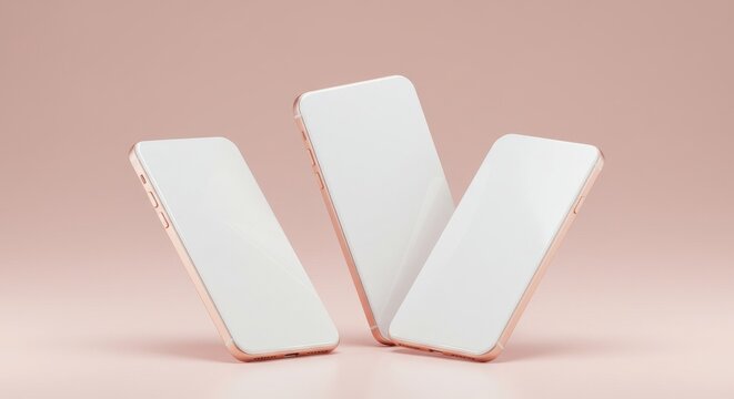 Three smartphones with blank white screens and rose gold edges floating on a pink background