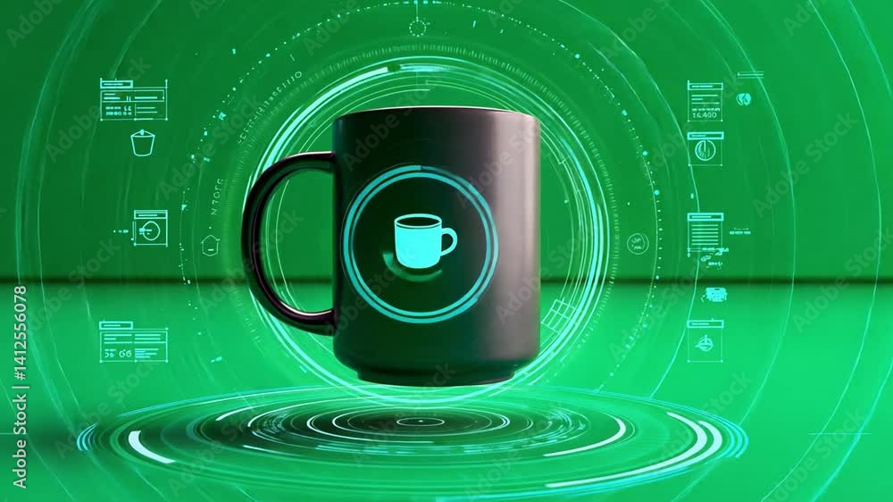 Poster a futuristic 3d coffee mug mockup rotating on green screen with holographic ui elements around the s