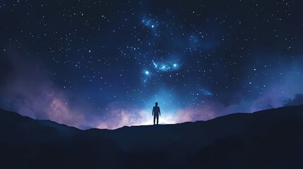 Fototapeta premium Man Standing Under Starry Night Sky Silhouette Enjoying Cosmic Scene
