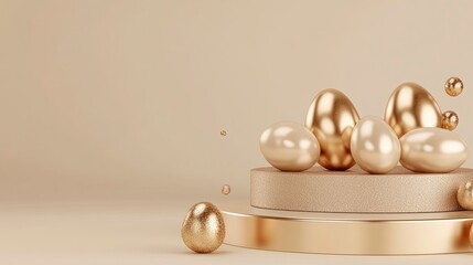 Easter podium with golden eggs and decorations on a beige background, e-commerce presentation design, birthday concept. Easter product display podium with golden eggs and decorations for an advertisin