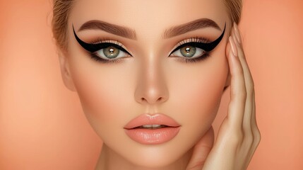 Fototapeta premium A young girl's face is accentuated with trendy makeup featuring arrow designs