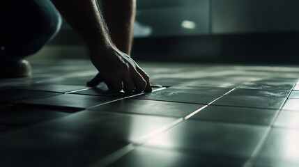 Mason laying tiles for a new kitchen floor. Highlighting tile installation and flooring work