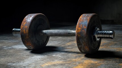 Fototapeta premium A heavily worn steel dumbbell with rusted edges, placed on cold concrete floor under harsh industrial lighting, evoking raw and powerful gym aesthetic