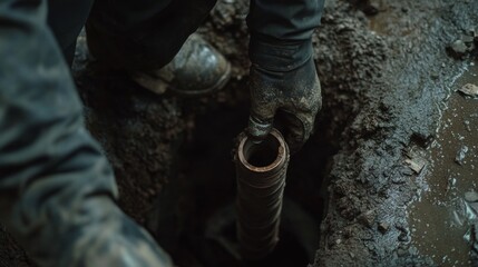Plumber repairing a broken sewer pipe in a trench. Featuring pipe repair and underground work