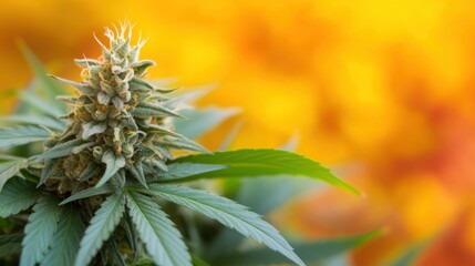 Cannabis plant displays dense buds with a rich green color, set against a bright, colorful backdrop highlighting seasonal changes