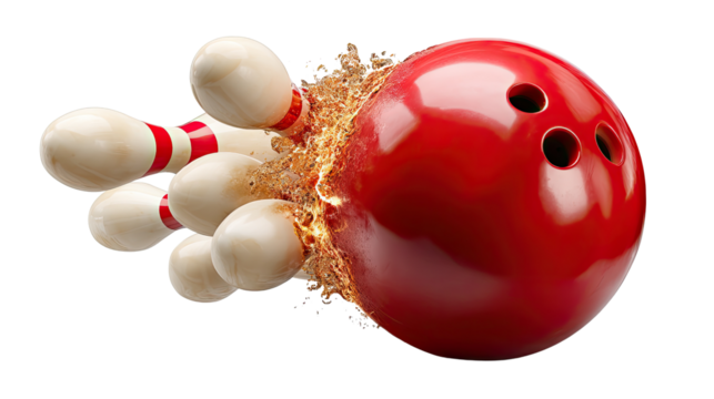 Striking Bowling Victory: A dynamic rendering showcases a red bowling ball exploding through the wooden pins, epitomizing the power of a perfect strike. Evoking a sense of high-impact sport.