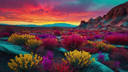Bright and unusual spring landscape with fantastic colors, blooming fields, abstract shapes, and a fairytale atmosphere — perfect as a background or backdrop.