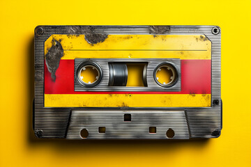Retro Cassette Tape on Yellow Background in Minimalist Composition
