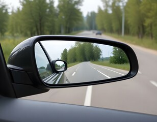 side rear-view mirror on a car. rear view mirror. Focus to mirror view