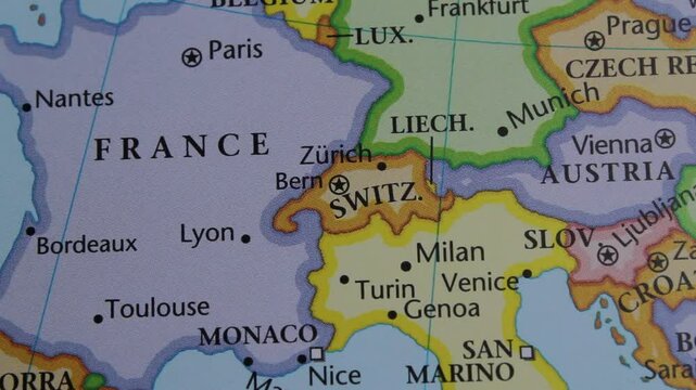 close up of the country of Switzerland viewed on a wold map as a travel concept. Switzerland on a map. Political map of Switzerland