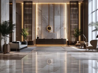 Opulent Lobby Interior: A meticulously designed hotel lobby, featuring sleek lines, elegant marble finishes, and ambient lighting.