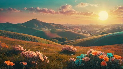 Bright and unusual spring landscape with fantastic colors, blooming fields, abstract shapes, and a fairytale atmosphere &mdash; perfect as a background or backdrop.