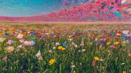 Bright and unusual spring landscape with fantastic colors, blooming fields, abstract shapes, and a fairytale atmosphere &mdash; perfect as a background or backdrop.