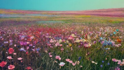 Bright and unusual spring landscape with fantastic colors, blooming fields, abstract shapes, and a fairytale atmosphere — perfect as a background or backdrop.