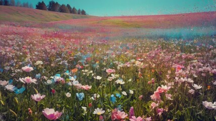 Bright and unusual spring landscape with fantastic colors, blooming fields, abstract shapes, and a fairytale atmosphere — perfect as a background or backdrop.