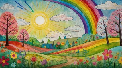 Bright and unusual spring landscape with fantastic colors, blooming fields, abstract shapes, and a fairytale atmosphere — perfect as a background or backdrop.