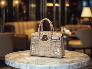 Elegant Handbag on Display: A luxury handbag, crafted with meticulous attention to detail, sits atop a marble table, its refined silhouette accentuated by soft lighting and a sophisticated backdrop.