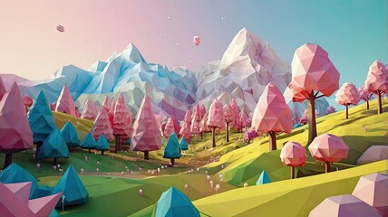 Bright and unusual spring landscape with fantastic colors, blooming fields, abstract shapes, and a fairytale atmosphere — perfect as a background or backdrop.