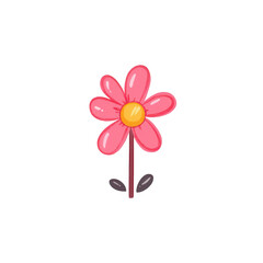 A vibrant pink flower with a yellow center and green leaves, set against a white background, perfect for elegant designs and cheerful themes.