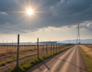 Solar power station protected from road by barbed wire fence. Fencing of sensitive sites with barbed wire