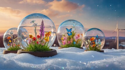 Bright and unusual spring landscape with fantastic colors, blooming fields, abstract shapes, and a fairytale atmosphere — perfect as a background or backdrop.