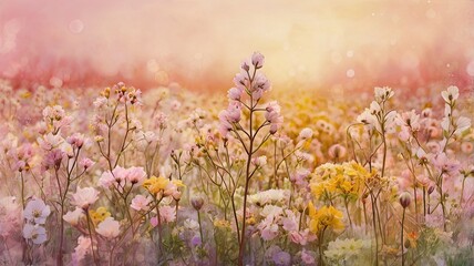 Bright and unusual spring landscape with fantastic colors, blooming fields, abstract shapes, and a fairytale atmosphere — perfect as a background or backdrop.
