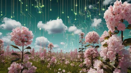 Bright and unusual spring landscape with fantastic colors, blooming fields, abstract shapes, and a fairytale atmosphere — perfect as a background or backdrop.