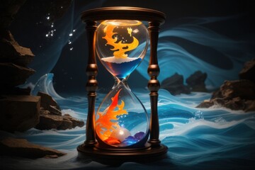 Hourglass with Flame and Water Depicting Time's Passage Amidst Ocean Waves