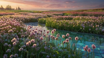 Bright and unusual spring landscape with fantastic colors, blooming fields, abstract shapes, and a fairytale atmosphere — perfect as a background or backdrop.