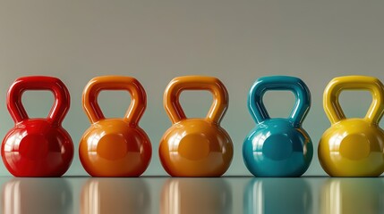 A set of colorful kettlebells arranged in perfect gradient, transitioning from lightest to heaviest weight, against neutral-toned background for clean modern look
