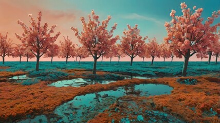 Bright and unusual spring landscape with fantastic colors, blooming fields, abstract shapes, and a fairytale atmosphere — perfect as a background or backdrop.