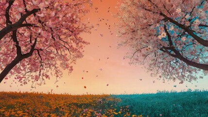Bright and unusual spring landscape with fantastic colors, blooming fields, abstract shapes, and a fairytale atmosphere — perfect as a background or backdrop.