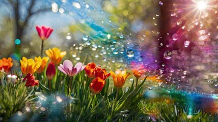 Bright and unusual spring landscape with fantastic colors, blooming fields, abstract shapes, and a fairytale atmosphere — perfect as a background or backdrop.