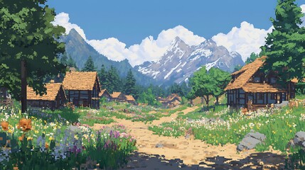 Pixel Art Alpine Village with Wildflowers suitable for design inspiration