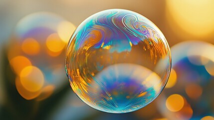 Iridescent soap bubble with swirling colors against a bokeh background
