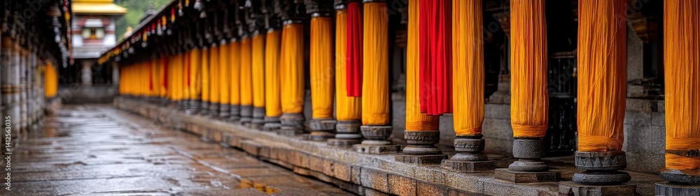 Poster detailed view of sacred columns in a yatra setting with bright colors and realistic aesthetics
