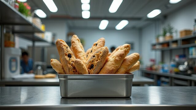 Fresh baguettes in a professional kitchen setting with stainless steel countertop