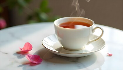 A steaming cup of tea, surrounded by petals, rests on a marble table in soft light.